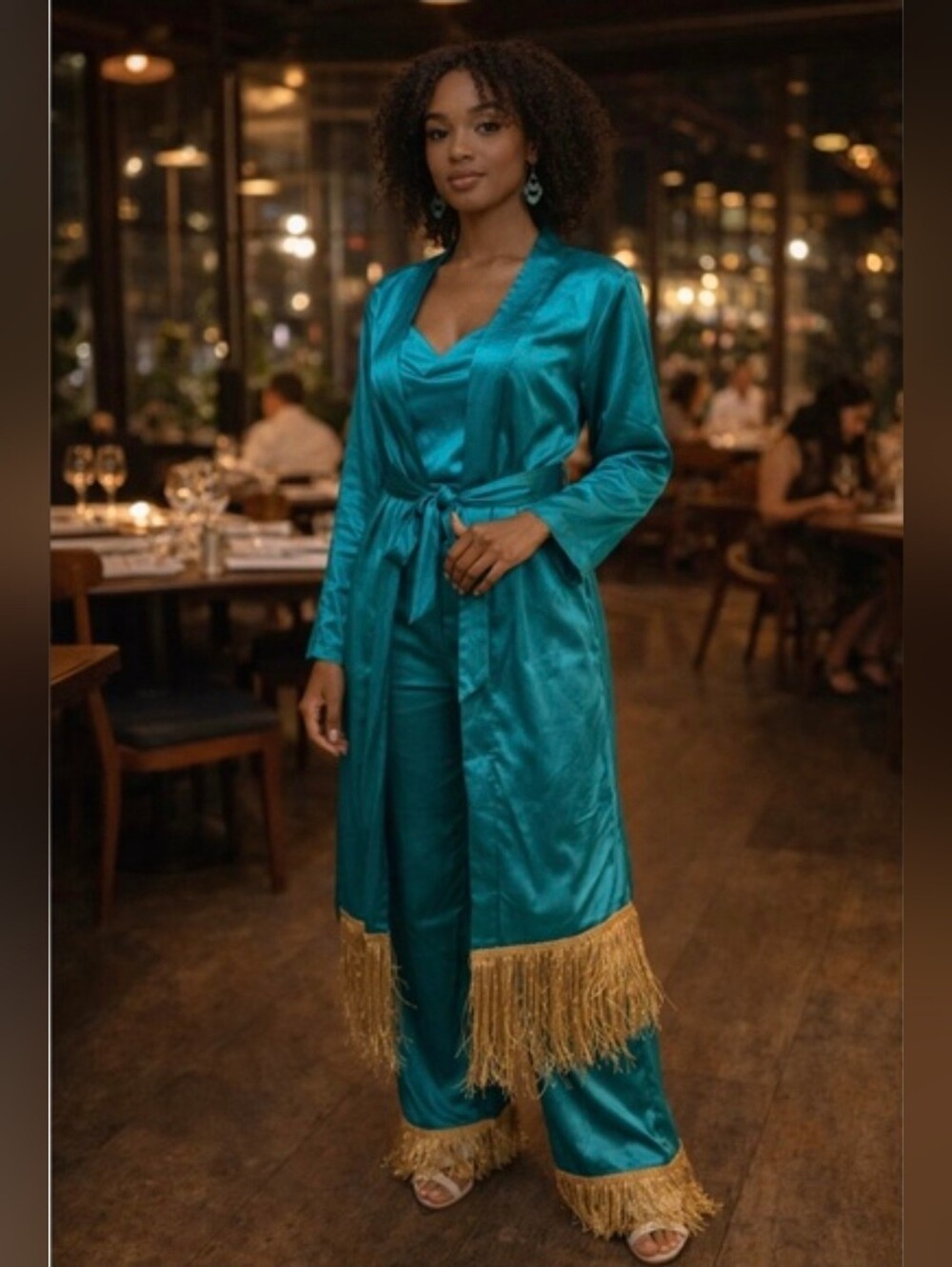 Stunning 2 Piece Teal Women's Loungewear with Gold Fringe *S/M